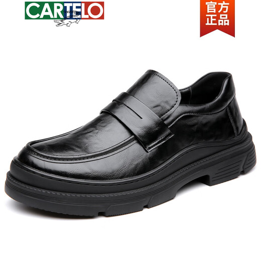 卡帝乐鳄鱼（CARTELO）无鞋带棕色男鞋春季款2025新款大头商务休闲皮鞋宗综色宽头乐福鞋 GX9923 黑色 38