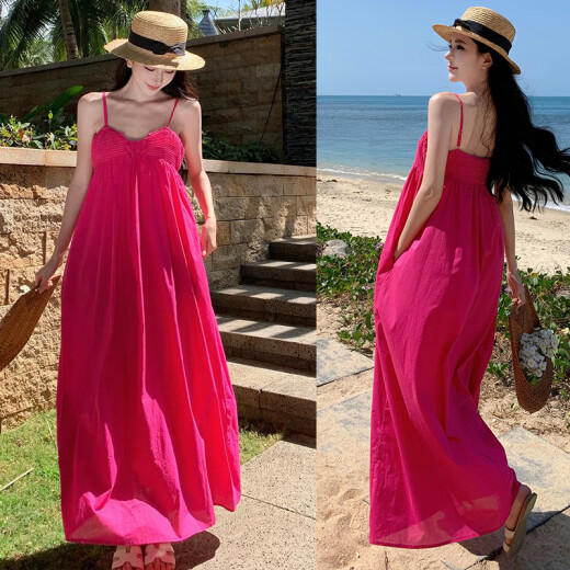 Wanlan Fire Dragon Dragon Fruit Rose Rosa Rosa para mujeres en verano Cuello suelto de cuello en la playa Falda de la playa Rose Rose 9716# S
