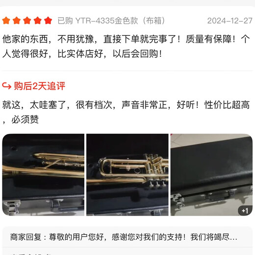 雅马哈工艺小号YTR-8335GS降B调小号乐器初学演奏专用4335款西洋乐器 YTR-4335金色款（布箱初学推荐）