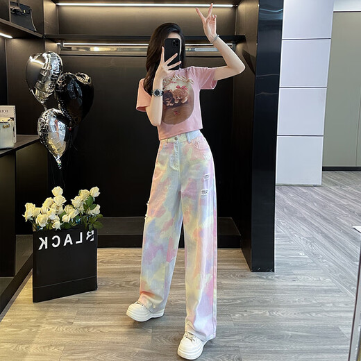 Kaizitu Ymeng Europäischer Modeanzug für Frauen im Sommer Neue modische altersreduzierende Kurzärmel-Kurzärmel-Top-Weitbein-Hosen zweiteiliger Set 7009A Pink Kurzärmelte + 7047B Jeans S S