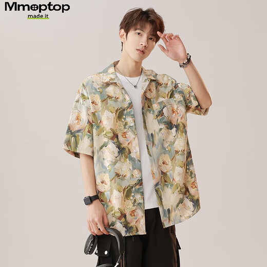 MMOPTOP THAI RETRO Floral Hemd Sommermänner Ice Seide Kühle atmungsaktive kurzärmelige Top MCS16 Sabah Aprikose L.