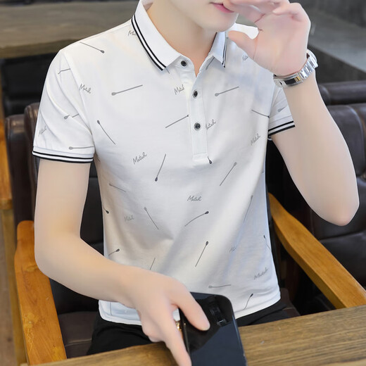 花花公子夏季小翻领短袖T恤有领印花Polo衫男士潮流百搭夏天青年中年衣服 豆绿色 q677 4XL 高品质棉