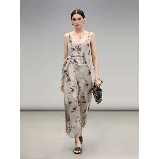 
COCOBELLA new Chinese style glitter chiffon bamboo printed strap dress Chinese style suspender skirt FR7027 silhouette gray M
