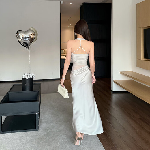 YIOU 2025 Sommer Mesh Spleißen Kleid frauen Neue Neckholder Design Taille Abnehmen Hüfte Rock 9892 Kaltgrau S