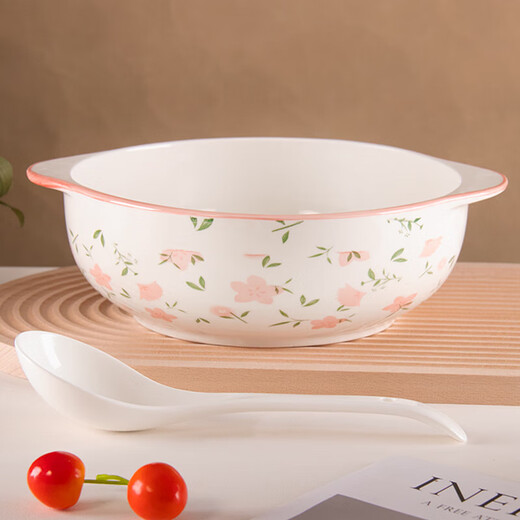 New style ceramic double-eared bowl, large household anti-scalding underglaze color boiled fish dish basin, good-looking soup bowl with white spoon, Camellia 2-piece set, 10.5-inch double-eared bowl, 1 pack + 1 soup spoon