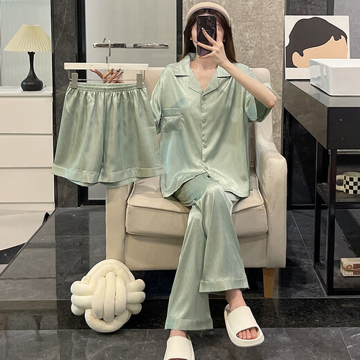 莫代尔睡衣女夏季三件套装冰丝短袖薄款大码网红风春秋天冰丝凉感家居服 LT-3881-3-杏色 XL