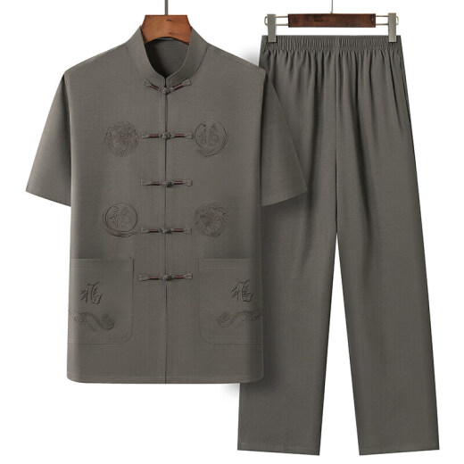 Algodón y lino estilo chino Tang Suit de ropa casual para hombres de verano, estilo étnico de mediana edad y ancianos, abuelo de manga corta y padre, estilo delgado 20503-291 [traje de manga corta] gris claro XL /41/175 [130-150Jin [Jin equivale a 0.5 kg] desgaste]