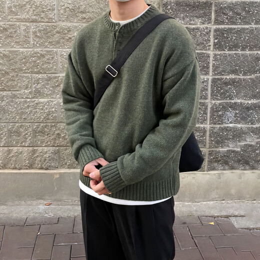 DAVID&ME Henry collar sweater men's spring and autumn new style Japanese retro light literary casual simple versatile loose pullover sweater Army Green M