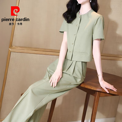Pierre Cardin Fashion Set For Women Summer 2025 Nouveau Femmes minces à la mode Round Cou Short Shirt Pantalon Straight Set pour femmes 12608 Black Set XL [suggéré 110-125Jin [Jin est égal à 0,5 kg]]]