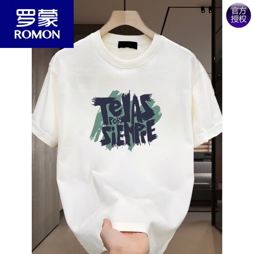 ROMON American style handsome pure cotton printed short-sleeved luxury T-shirt for men's summer fashion brand street loose round neck half-sleeved black [K854 TEJAS] S S Recommended 90-100Jin [Jin equals 0.5 kg]