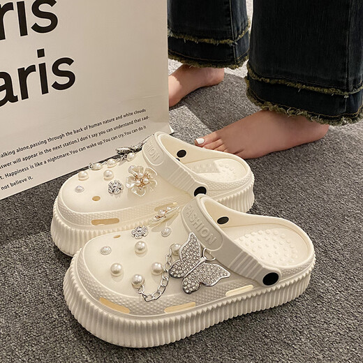Réduisez mignon Chaussures de trous de papillon de dessin animé pour femmes avec une merde épaisse se sent sandales blanc laiteux [9905] Crystal papillon 38 Taille 39 [Convient pour 37-38 pieds]