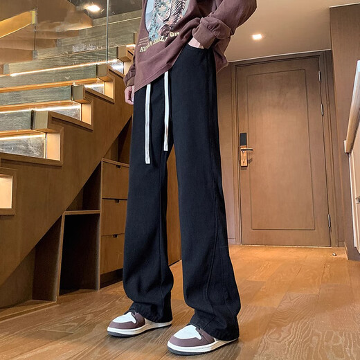 JEANSWEST scimitar micro-flared jeans for boys American high street spring and autumn new wide-leg straight casual flared pants for men autumn 621 black drawstring style XL 135-155Jin Jin is equal to 0.5 kg