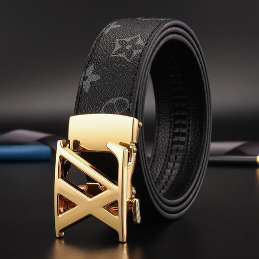 Classic letter belt for men's genuine leather business casual versatile automatic buckle belt new pure cowhide high-end trouser belt xz/black buckle/black old flower 130cm