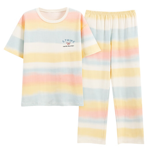 夏季女士短袖睡衣套装纯棉长裤家居服全棉可外穿夏天条纹卡通 Y9721 M (建议75-95斤)