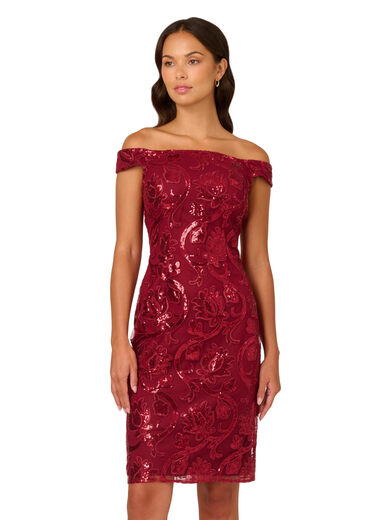 Adrianna Papell Women's Off-Shoulder Bodycon Dress, Pomegranate Pomegranate 8