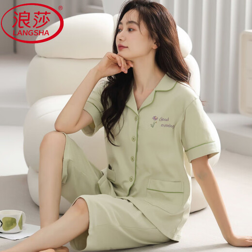 浪莎（LangSha）睡衣女士夏季短袖七分裤中青年款大码开衫薄款可外穿家居服套装女 n9893短袖七分裤开衫 M （80-斤）