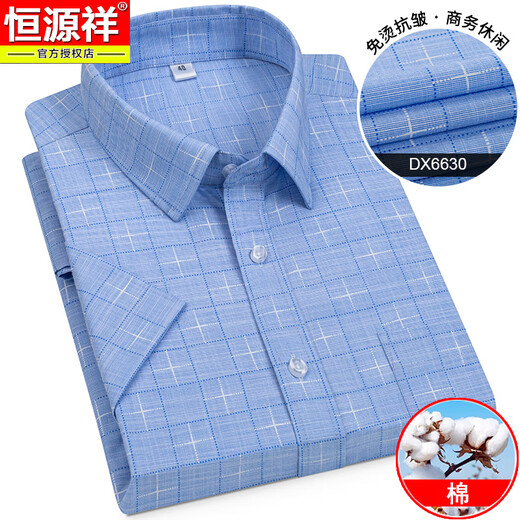 恒源祥短袖衬衫男格子夏季新款男士长绒棉衬衣半袖条纹高档时尚潮 蓝色 恒-DX6630 S 38 建议95-115斤左右