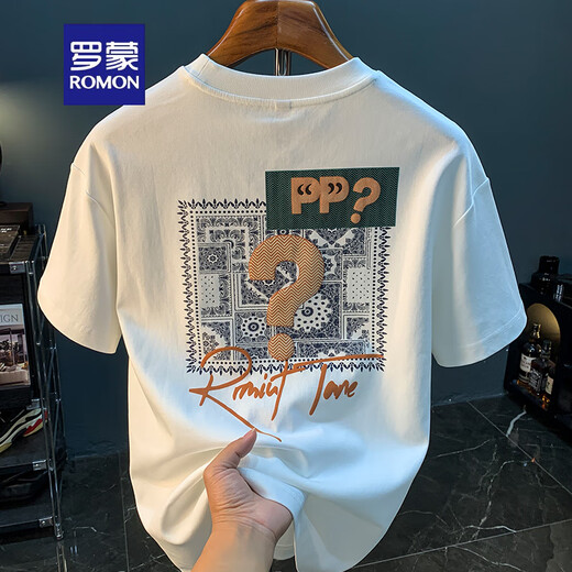 Camiseta de manga corta Romon Camiseta de moda de verano en verano Camiseta impresa Xinjiang Cotecillo de algodón Hermano Top T White 2 [ZJ1047 Versión de ajuste] L Adecuado para 109-123Jin [Jin iguala 0.5 kg]