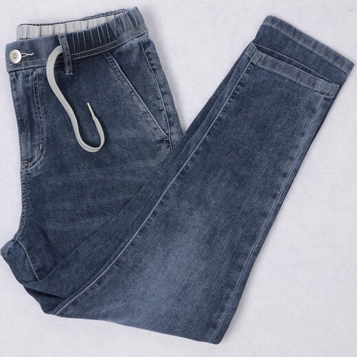 With pure new style YKK zipper factory men's clothing elastic waist nine-point small foot jeans tether Lei Zong same style #695 nine-point small foot elastic thin style M =30-31