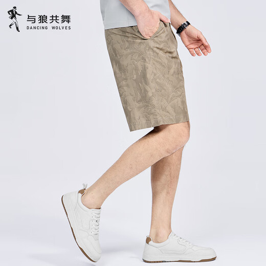 与狼共舞【满身印花】休闲短裤男2025夏季新款纯棉弹力时尚青年五分裤4019 卡其701 32