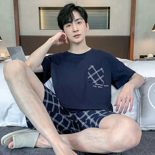欧妙妤睡衣男夏季薄款短袖短裤可外穿休闲男士加大码凉感家居服套装 9928# L 【建议100-120斤】