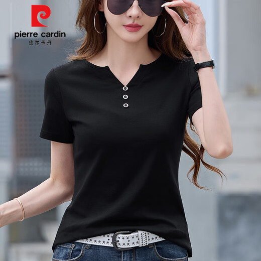 皮尔卡丹（pierre cardin）2025夏季新款正肩设计感宽松v领棉短袖女t恤高端气质百搭衫 6621玲珑紫 (纯色款) XL 建议115-125斤