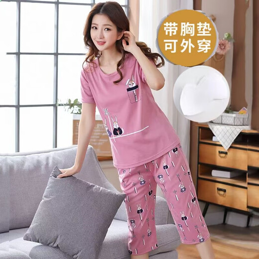 
Modal's own chest pad pajamas for women's summer thin pure cotton short-sleeved cropped pants suit cute outdoor wear home clothing suit with chest pad 679 Babi Bear short-sleeved cropped pants M 75-95Jin [Jin equals 0.5 kg]