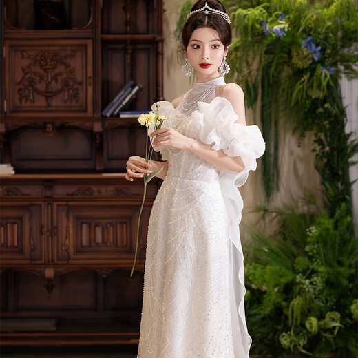 Wutuo white halterneck slim-fitting evening dress French bridal wedding toast clothing light luxury niche birthday party performance clothing with white ceremony (52412) L