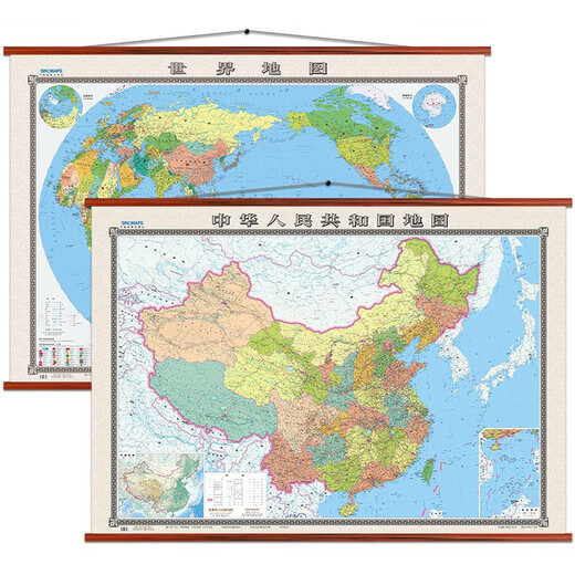 New color matching seamless map wall chart set with 2 pieces in total, China map + world map, large size about 1.8 meters * 1.3 meters, high-end imitation mahogany pole, office study living room wall chart