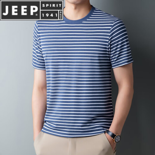 JEEP SPIRIT夏季加肥加大码胖子海魂衫短袖T恤男士中老年宽松蓝白条纹海军衫 9866绿色 XL 180