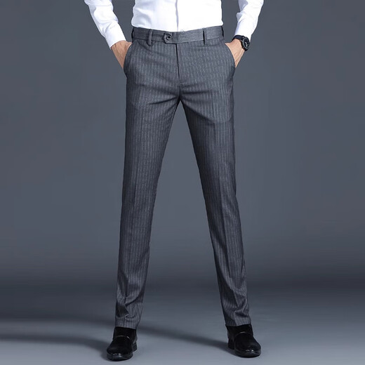 
GY goldlion striped free ironing pants for men. Loose summer light luxury business casual straight simple formal trousers 9901 black thin style 29