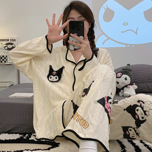 FHHUABDins style internet celebrity new pajamas spring and autumn cardigan thin long sleeve trousers loose princess style home clothing set 9209 three-eyed monster M [recommended 80-100Jin [Jin equals 0.5 kg]]