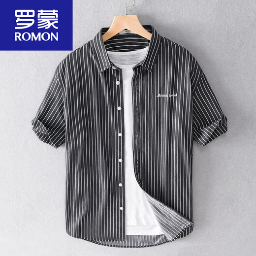 Romon -Männer gestreiftes Hemd Kurzarm Lose Sommer Dünner japanisches lässiges vielseitiges Hemd Sommerkleidung Neues Produkt 9721 Schwarz 3xl 160jin [Jin gleich 0,5 kg]