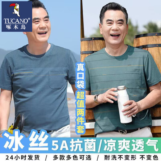 啄木鸟（TUCANO）父亲节爸爸夏装短袖t恤男中年男士圆领体恤衫中老年男装薄款上衣 690湖蓝+692青灰 XL 【适合130-145斤】