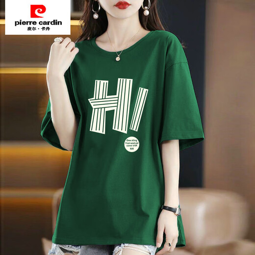 皮尔卡丹（pierre cardin）2025夏季新款纯棉短袖t恤女韩版宽松中长款时尚百搭洋气上衣ins潮 藏青色-G1593帽子M杏图 3XL 适合175-200斤