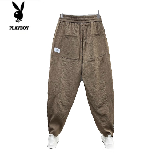 花花公子（PLAYBOY）夏季薄款棉麻休闲裤男冰丝垂感哈伦裤2025新款炸街宽松九分萝卜裤 咖色 XL 建议130-150斤