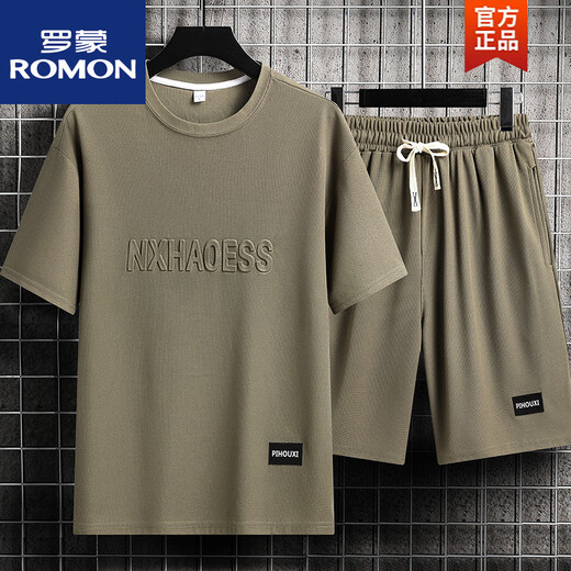 罗蒙（ROMON）冰丝套装男夏季休闲短袖t恤潮流透气两件套半袖青年跑步运动衣 套装TZ829黑色上衣裤子 2XL 建议145165斤