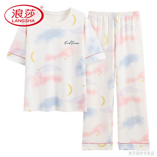 Langsha Light Luxury High-End-Sommerpyjamas Frauen reines Baumwolldünne kurzärmelige Hosen Student Cute Anzug Frühling und Herbst Lose Home Y9713 m (Empfohlen 75-95jin [Jin entspricht 0,5 kg])