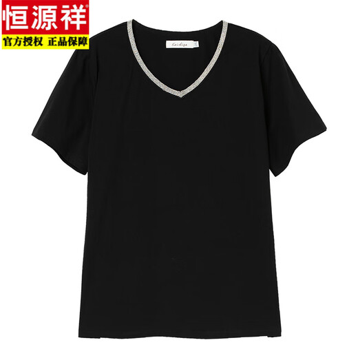 恒源祥加肥加大码鸡心领纯棉t恤女夏装短袖宽松胖MM全棉t血中年妈妈上衣 黑色【9896款】 L 适合100-115斤