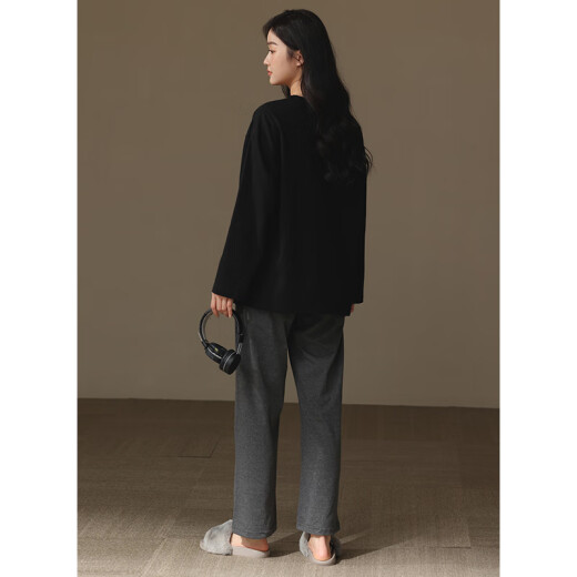 Retenedor estadounidense Nuevo pijama para mujeres en primavera y otoño, casualidad larga de mangas simples sólidas, cuello redondo de cuello redondo, juego de ropa para mujeres - 6195 m (160)