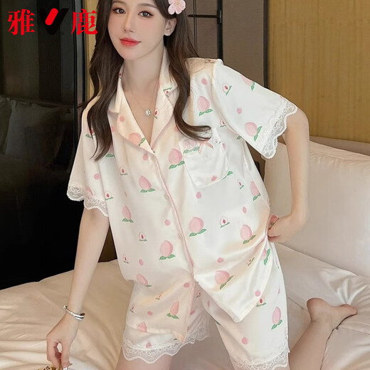 Yalu High-End-Seidenpyjamas für Frauen im Sommer Dünne süße Spitze Pfirsich kurzärmelige Hose dreiteiliger Set für Outdoor Wear Peach [kurzärmelige + Hosen] 9905 2xl [130-155jin [Jin gleich 0,5 kg]]
