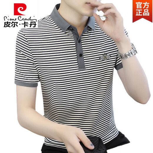 皮尔卡丹条纹短袖t恤男士POLO.衫夏季丝光棉翻领半袖体恤夏装t 白色【6627】 M 【90-110斤】