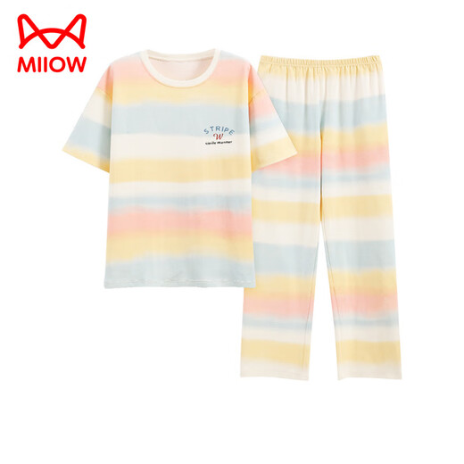 猫人（MiiOW）夏季女士短袖睡衣套装100纯棉长裤家居服全棉可外穿夏天条纹卡通 Y9716 XL (建议115-130斤)
