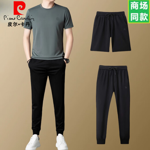 
Pierre cardin high-end short-sleeved T-shirt for men round neck casual sports breathable two-piece suit summer new T-shirt trousers gray shorts suit 13601 M 165