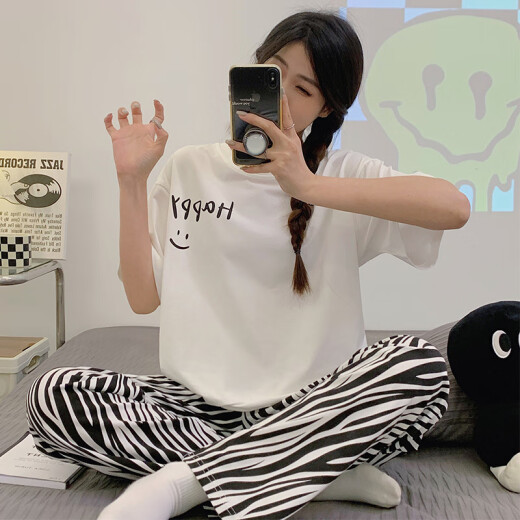 WUJIU (WUJIU) Girl Short Sleeve Long Trousers Summer Junior High School Student Girl Little Bunny Big Child Cute 15 Animation Home Suit 6630# Dog Party M [65-90Jin[Jin equals 0.5 kg]]