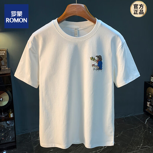 罗蒙（ROMON）印花男款T恤潮流抽象艺术感夏季短袖大码宽松精梳棉舒适T恤衫 白色 【JSW9926】 M 适合90-108斤穿
