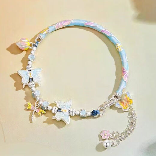 Hunter enamel butterfly bracelet bracelet 999 sterling silver bent tube half bracelet half chain 3D hard silver pure silver women's niche fashion blue color butterfly bent tube half bracelet half chain