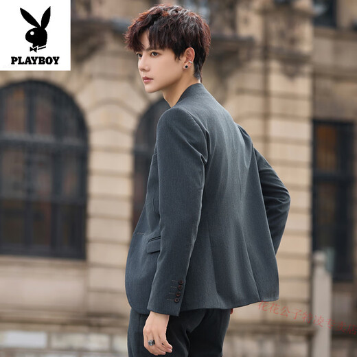Playboy New Style Mao Suit Men's Handsome Slim Stand Collar Suit National Style Wedding Jacket Youth Casual Small Suit Suit Dark Gray Suit (Top + Pants) XL (125-140Jin Jin equals 0.5kg)