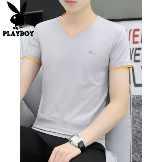 花花公子（PLAYBOY）莫代尔棉男士短袖t恤2025夏季V领刺绣冰丝冰感半袖体恤上衣服男潮 Q691白色 M 建议：95-115斤