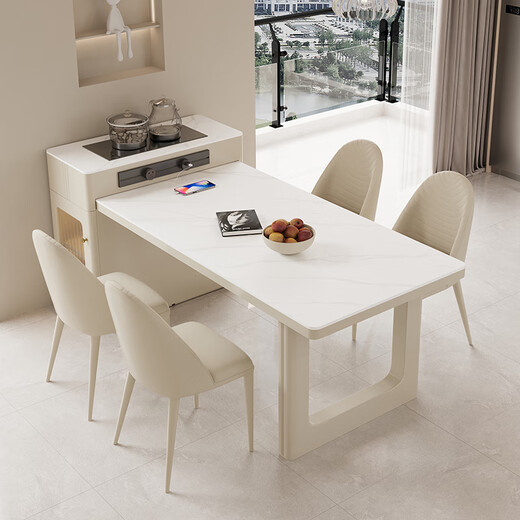 Jun cream-style slate island dining table integrated retractable small-sized dining table high-end home light luxury restaurant center table two-hole electric tea stove + tea tray type - fixed socket 1.4 meters one table 4 chairs caterpillar chair